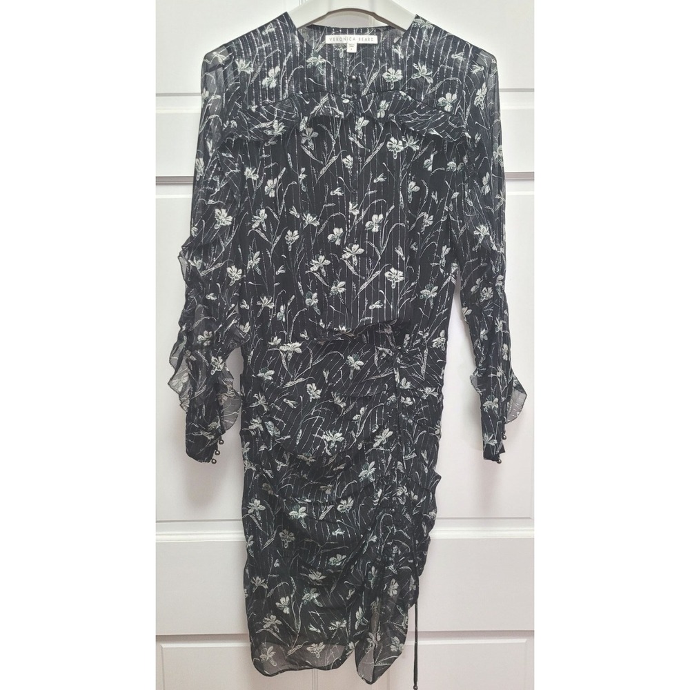 Veronica Beard Long Sleeve Ruffle Metallic Floral Silk Mini Dress - Black - Sz 4